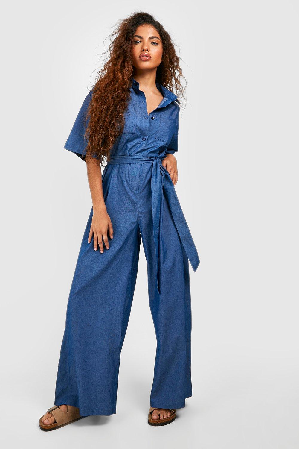 Denim jumpsuit boohoo deals